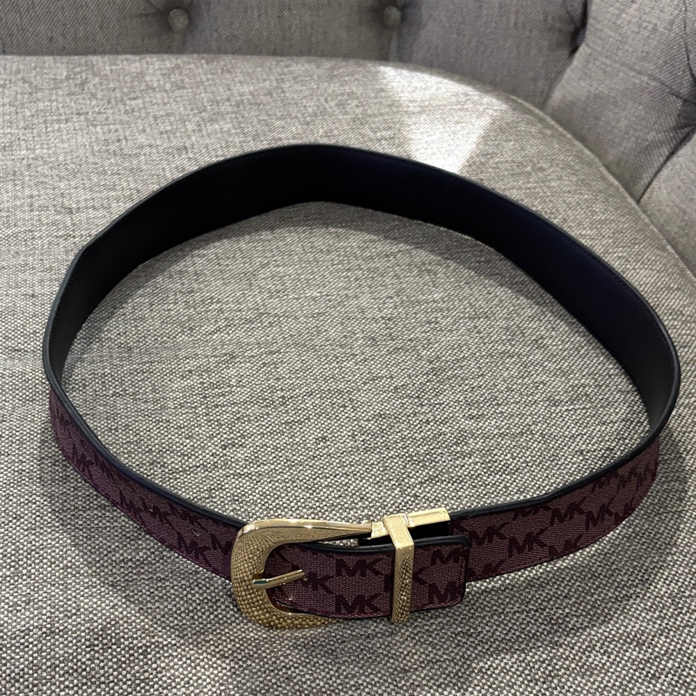 Michael Kors Maroon and Gold Logo Belt